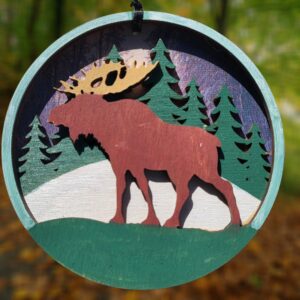 Moose with Snow and Tree Winter Scene Layered Wood Ornament