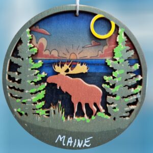 Moose with Sunrise Mountain Scene Layered Wood Ornament