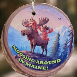 Moosing Around in Maine with Two Lobsters Riding a Moose Woodsie Ornament