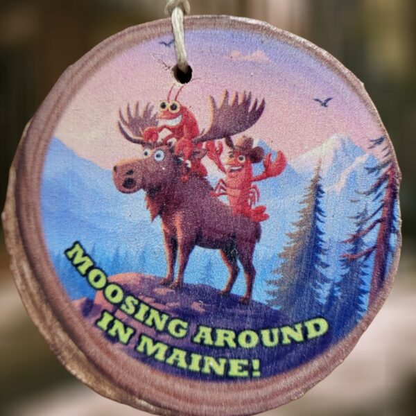 Moosing Around in Maine with Two Lobsters Riding a Moose Woodsie Ornament