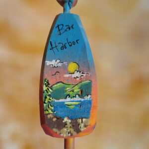 Mountain Lake Scene with Coastal Tree Orange Blue Background on 4 Sided Wood Lobster Buoy Ornament