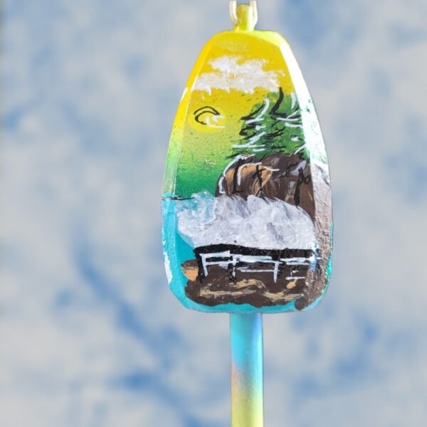 Ocean Cliffs Thunder Hole Splashing Waves on Yellow Green Background 4 Sided Wood Buoy Ornament