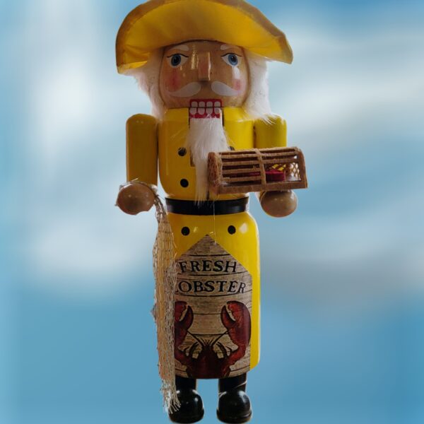 Old Salt Lobster Fisherman with Lobster Trap and Yellow Slicker Wood Nutcracker