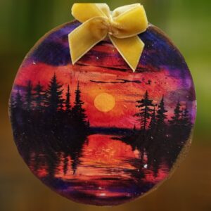 Sunset Dusk Mountain Lake Woodsie Ornament