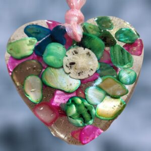 Green Pink and Blue Abalone Shells with Sand Dollar Heart of the Sea Shell Ornament