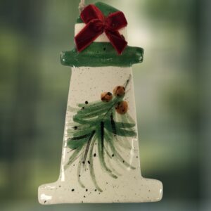 Pine Sprig on Green Lighthouse with Red Bow Ceramic Ornament