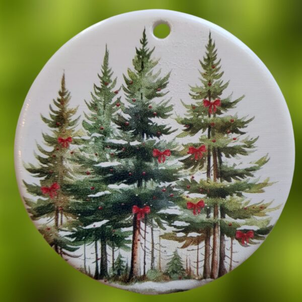 Pine Trees with Red Ribbon Ceramic Ornament