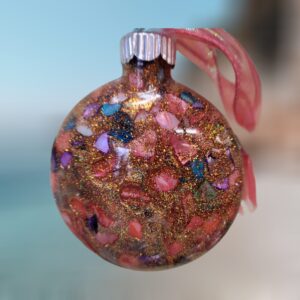 Pink Blue Purple Abalone with Copper Iridescent Glitter Crushed Shell Glass Ornament