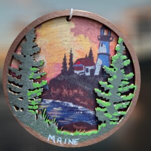 Portland Head Lighthouse Coastal Sunset Scene Layered Wood Ornament