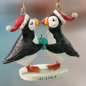 Puffin Couple with Present Ornament