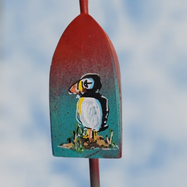 Puffin on Coast Red Blue 4 Sided Wood Lobster Buoy Ornament