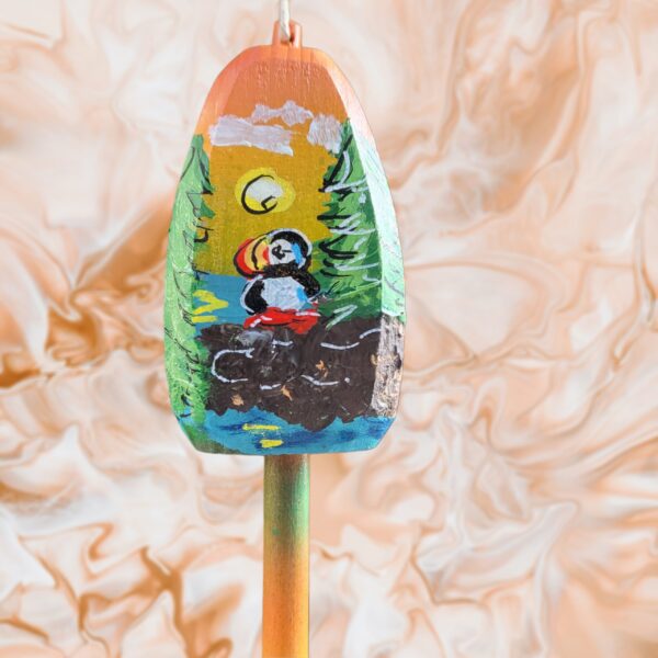 Puffin on Rocky Coastline Yellow Sunset Background 4 Sided Wood Buoy Ornament