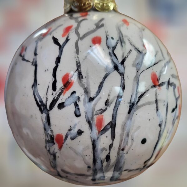 Red Cardinals on Winter Birch Scene Ceramic Ball Ornament