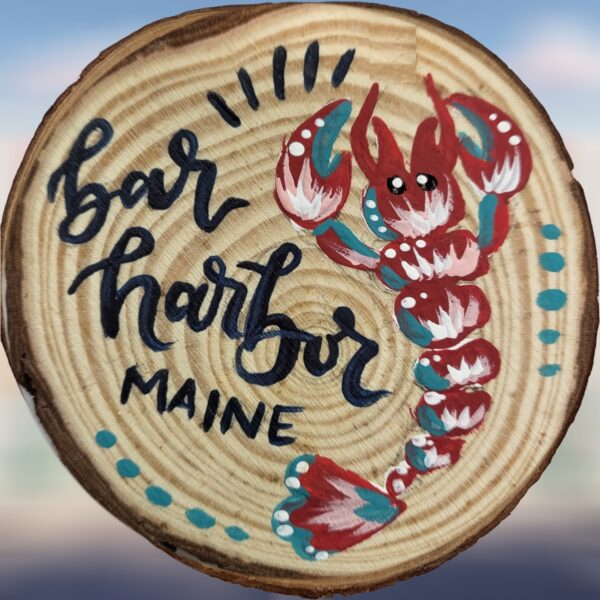 Red Lobster Bar Harbor Maine Woodsie Ornament with Blue Accent