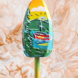 Red Lobster Boat with Mountain Scene on Yellow Gren Background 4 Sided Wood Lobster Buoy Ornament