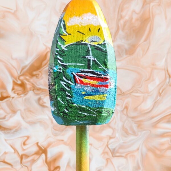 Red Lobster Boat with Mountain Scene on Yellow Gren Background 4 Sided Wood Lobster Buoy Ornament