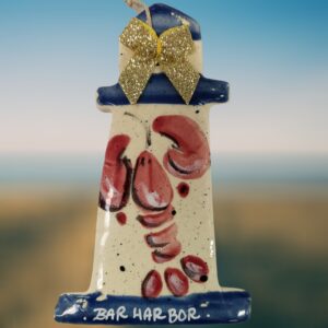 Red Lobster on Blue Lighthouse with Gold Bow Bar Harbor Ceramic Ornament