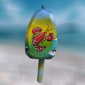 Red Lobster on Blueish Yellow Background 4 Sided Wood Lobster Buoy Ornament