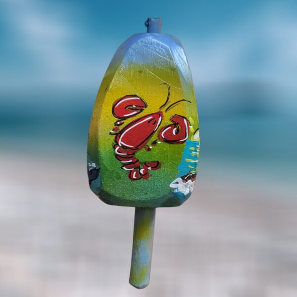 Red Lobster on Blueish Yellow Background 4 Sided Wood Lobster Buoy Ornament