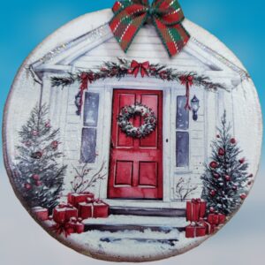 Red Welcome Door White House with Swag and Wreath Christmas Ornament