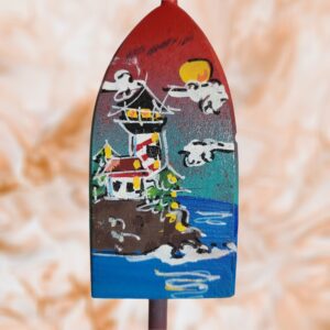 Red White Striped Lighthouse on Red Blue Background 4 Sided Lobster Buoy Wood Ornament