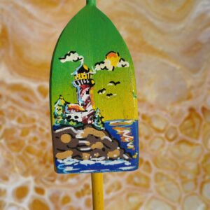 Red and White Lighthouse Coastal Scene with Sunshine on Green Morning Background 4 Sided Lobster Wood Buoy Ornament