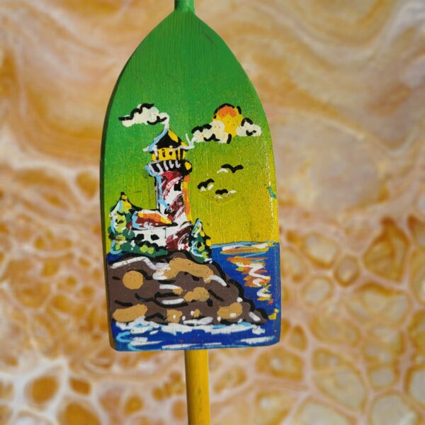 Red and White Lighthouse Coastal Scene with Sunshine on Green Morning Background 4 Sided Lobster Wood Buoy Ornament