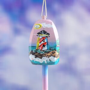 Red and White Striped Coastal Lighthouse on Pale Background Wood Buoy Ornament