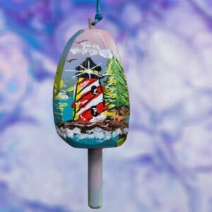 Red and White Striped Lighthouse with Tree and Coastal Ocean Scene on Pal Background 4 Sided Lobster Wood Buoy Ornament