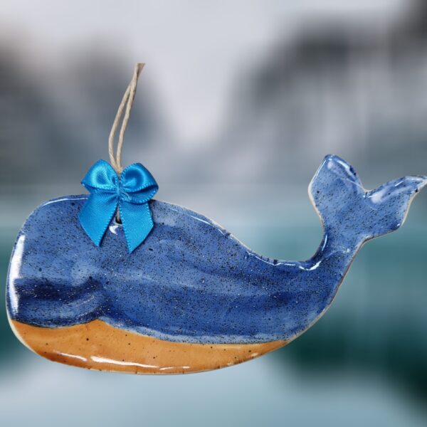 Rustic Blue Whale Ceramic Ornament with Blue Bow