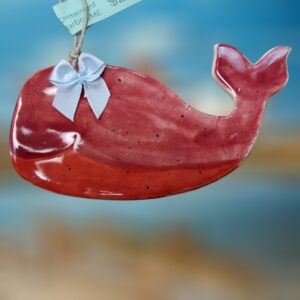 Rustic Red Whale with Bow Ceramic Ornament