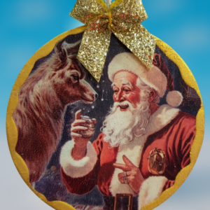 Santa Clause Feeding Deer Christmas Gold Accent Wood Ornament