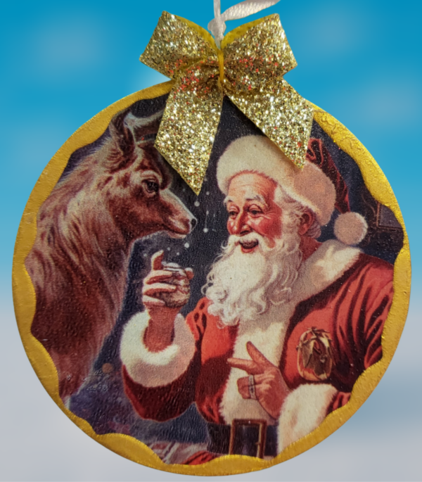Santa Clause Feeding Deer Christmas Gold Accent Wood Ornament