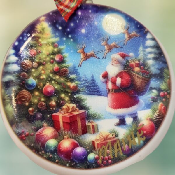 Santa Clause with Christmas Tree and Reindeer Ceramic Ornament