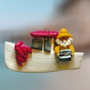 Santa with Trap and Lobster in Boat Handcrafted Polymer Clay Ornament