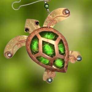 Sea Turtle with Green Gemstones Handcrafted Metal Ornament