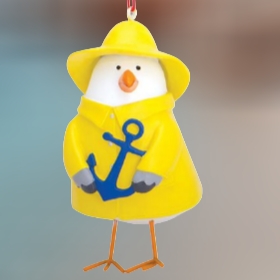 SeaGull in Rain Slicker with Anchor Resin Ornament