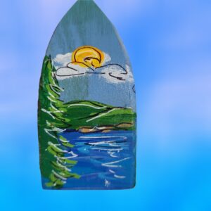 Tree with Mountain Lake Scene on Blue 4 Sided Wood Lobster Buoy Ornament