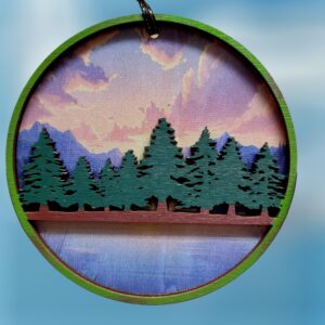 Trees on Lake and Mountain Scene Layered Wood Ornament