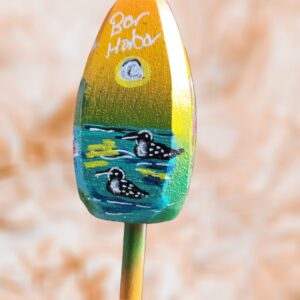 Two Loons Lake Scene With Sun on Yellow Green Background 4 Sided Wood Lobster Buoy Ornament