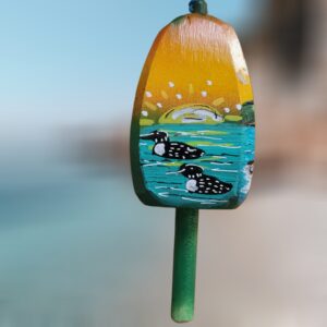 Two Loons Sunset Orange Background on 4 Sided Wood Lobster Buoy Ornament