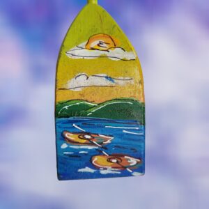Two Orange Kayaks with Mountain Scene and Sunshine on Yellow Sunset Background 4 Sided Wood Buoy Lobster Ornament