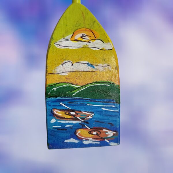 Two Orange Kayaks with Mountain Scene and Sunshine on Yellow Sunset Background 4 Sided Wood Buoy Lobster Ornament