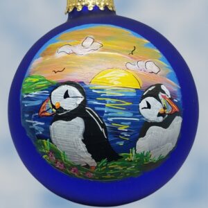 Two Puffins on Sunset Handpainted Glass Ornament
