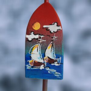 Two Sailboasts on Red Blue Background 4 Sided Wood Lobster Buoy Ornament