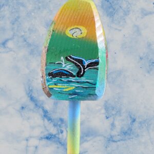 Whale In Ocean with Sunshine on Yellow Green Background 4 Sided Wood Buoy Ornament