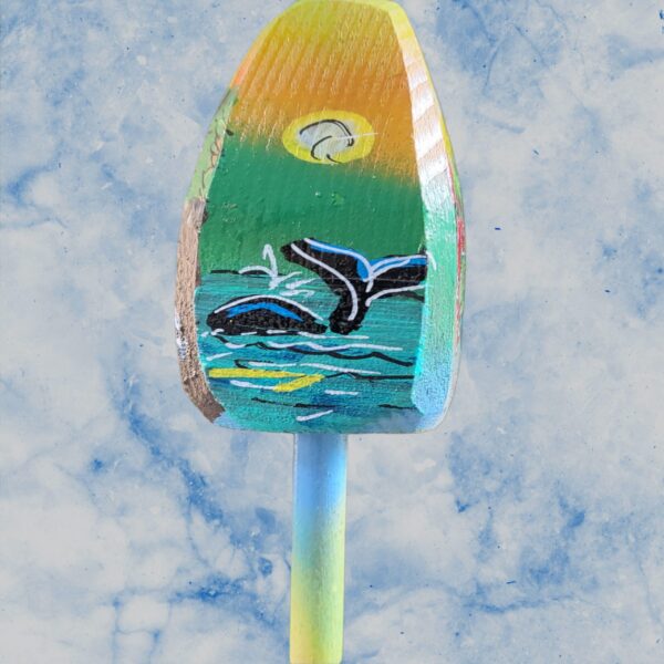 Whale In Ocean with Sunshine on Yellow Green Background 4 Sided Wood Buoy Ornament