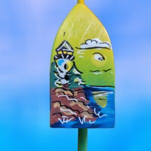 White Lighthouse On Rocky Ocean Coastline with Trees on Yellow Green 4 Sided Wood Lobster Buoy Ornament