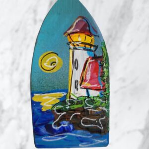 White Lighthouse with Red Roof on Blueish Background 4 Sided Wood Lobster Buoy Ornament