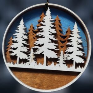 White and Rustic Trees on Blue Background Layered Wood Ornament